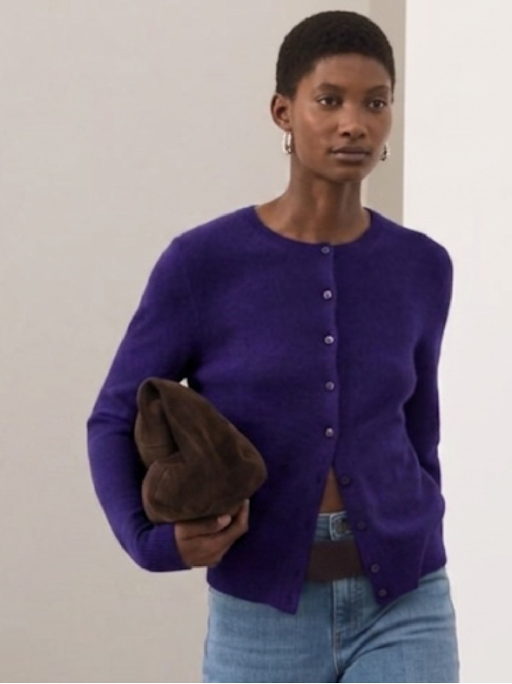 Autograph Eggplant Purple Cashmere Button Front Crew Cardigan Size 16